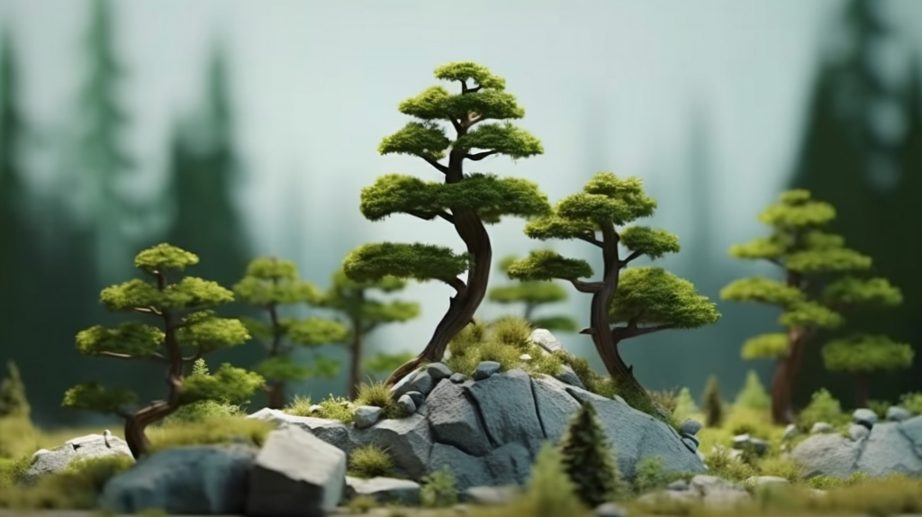 山岩前的松树近景摄影图片