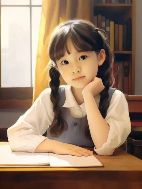 青春少女坐在书桌前摄影图片