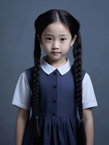 深蓝制服下的可爱女生摄影图