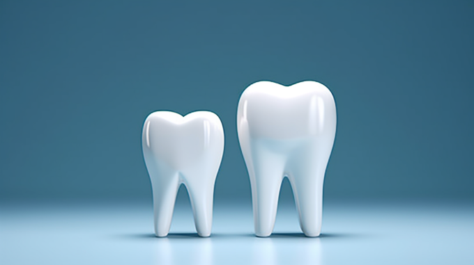 白牙齿模型在蓝色背景上摄影图片