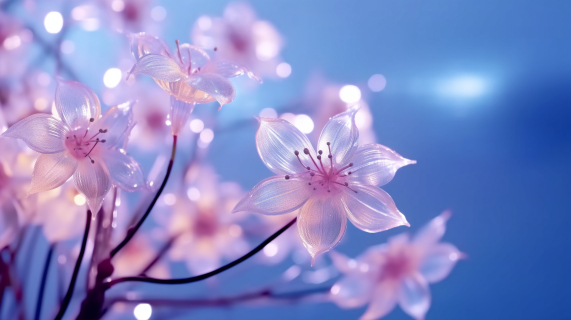 梦幻倩影粉色花朵在蓝色背景中的摄影图