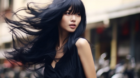 自信的中国女性发型模特户外摄影图片