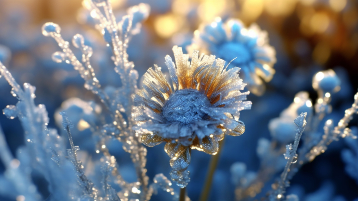 生动呈现冰雪与花朵的摄影图版权图片下载
