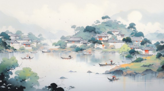 江南风格的水乡小村摄影图片