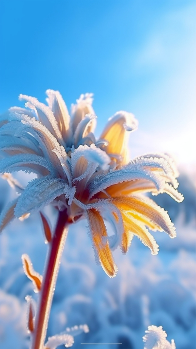 阳光下花朵上结霜的摄影版权图片下载