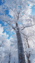 高高的树上树叶上结霜的摄影图片