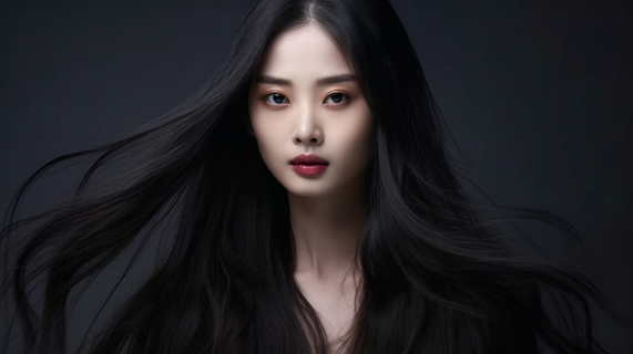 优雅迷人的中国模特长直头发摄影图