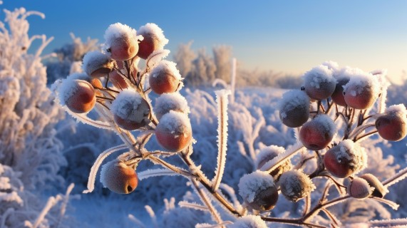 冰蓝蔓越莓上的霜花摄影图片