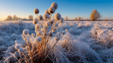 蓝天白云下草地上覆盖着结霜的枯草摄影图片