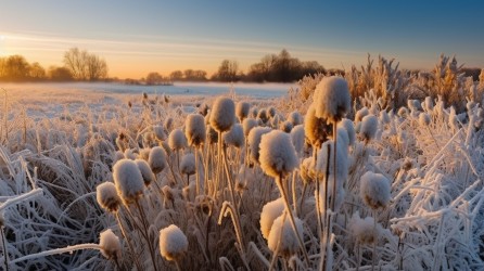 冬日阳光下的枯草被霜覆盖摄影图