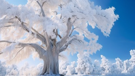 高大的树上结霜叶子摄影图片