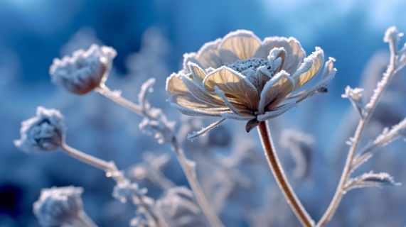 花朵上结霜湛蓝的天空摄影图片