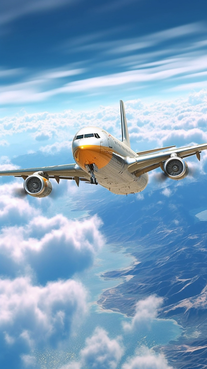 蔚蓝天空中飞行的商用大型客机摄影版权图片下载