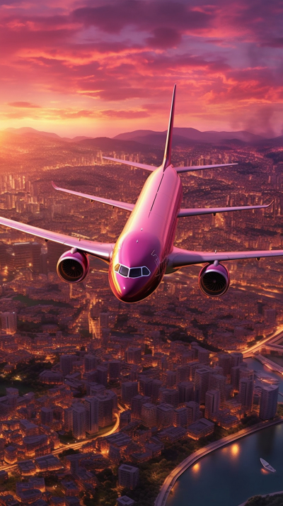 夕阳下的城市乘客飞机摄影图片