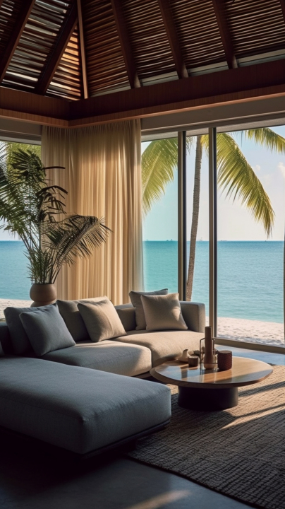 马尔代夫沙滩酒店的极简主义客厅摄影图版权图片下载