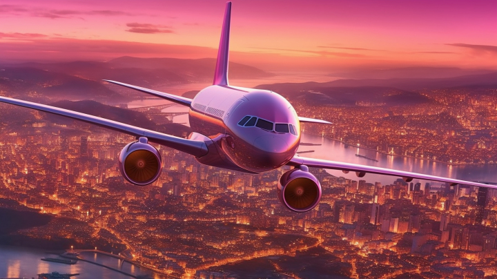 日落时分城市上方的客机摄影版权图片下载