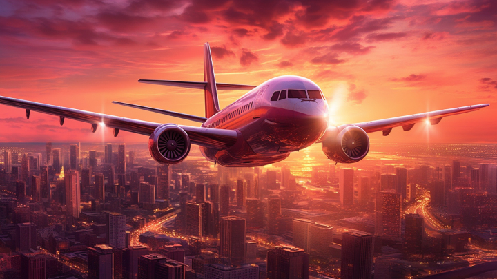 夕阳下的城市飞机摄影版权图片下载