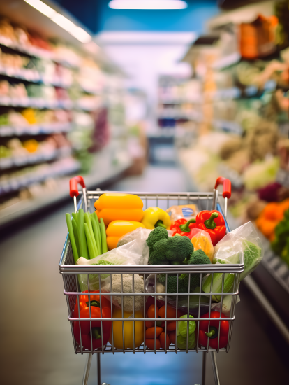 超市购物车装满食品摄影图片