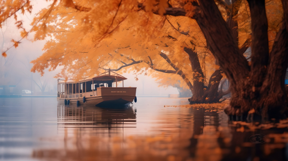 秋日树林中的两艘小船摄影图片