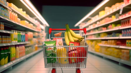 装满水果食品的购物车超市买东西摄影图片