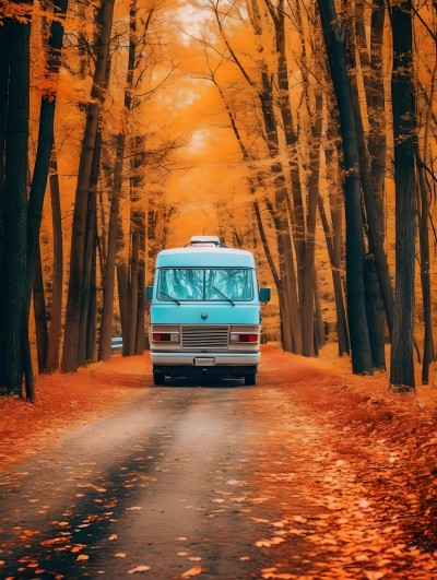 秋叶纷飞中的露营车摄影图片