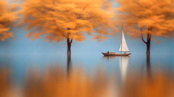 秋树之间漂浮的两只船