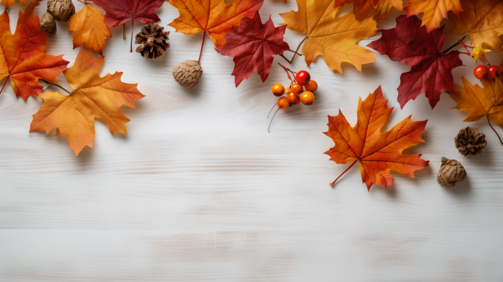 秋天桌面摆设枫叶和松果摄影版权图片下载