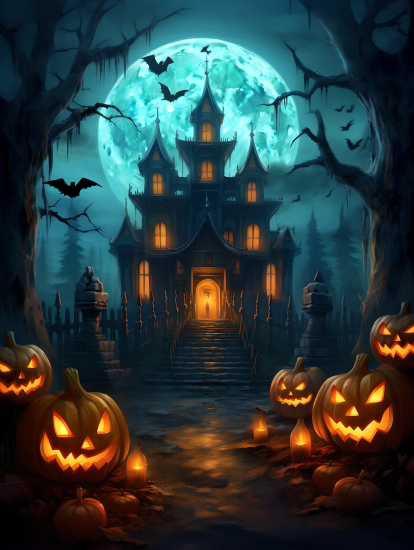 鬼灯照耀下的南瓜和蝙蝠图片