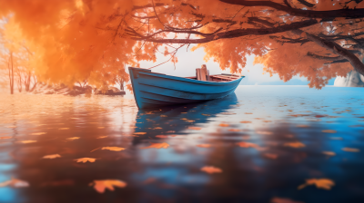 秋树间漂浮的两只船摄影图片