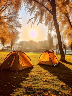 秋日草地露营公园帐篷摄影图