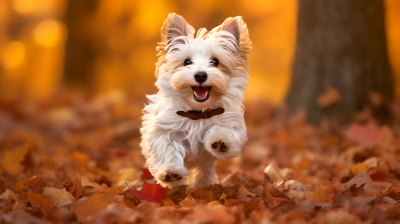 秋日野外开心的小狗摄影图片