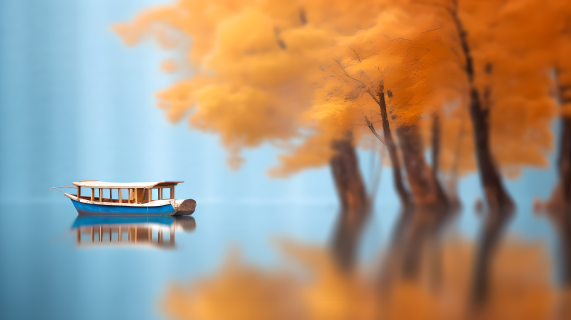 秋树中漂浮的两艘船摄影图片