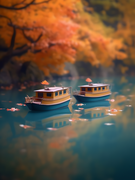 秋叶间漂浮的两艘船摄影图版权图片下载