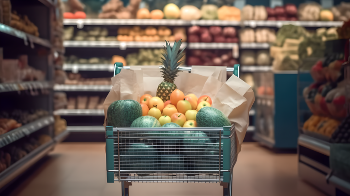 超市走廊上装满食品的购物车摄影版权图片下载