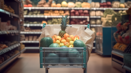 超市走廊上装满食品的购物车摄影图片