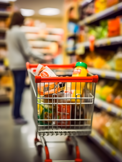 超市食品购物车满载而归摄影图