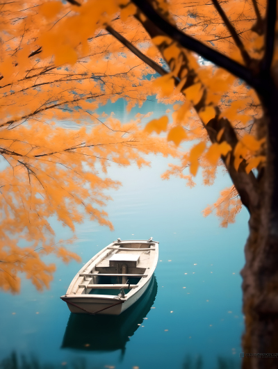 秋日水中舟影与树叶飘落摄影图片