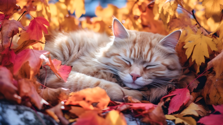 趴在落叶上睡觉的猫咪摄影图版权图片下载