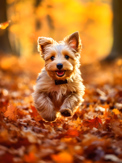 秋天里快乐奔跑的小狗摄影图片