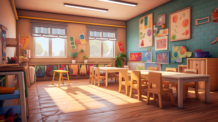 可爱整洁明亮的幼儿园教室摄影版权图片下载