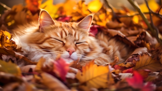 秋日阳光中熟睡的猫户外摄影图