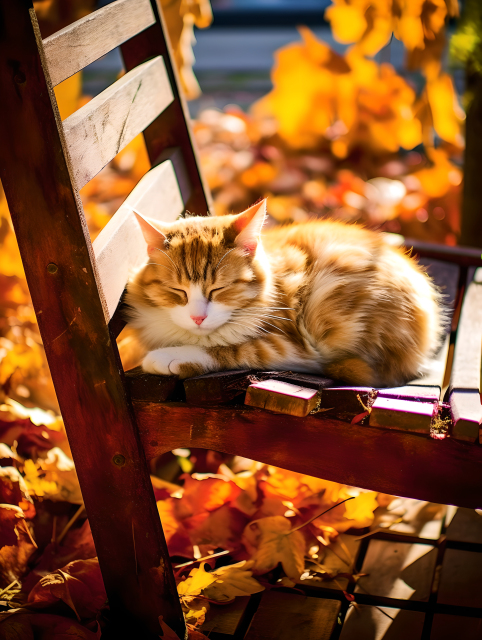 秋天午后猫咪沉睡的美景摄影图片