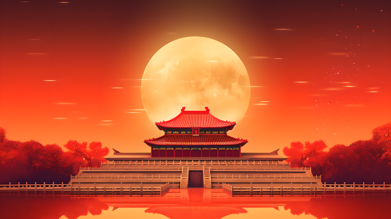 红光下的古老北京城摄影图片