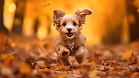 秋日风景里欢乐奔跑的小狗摄影图