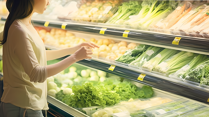 超市货架上装满绿色蔬菜摄影版权图片下载