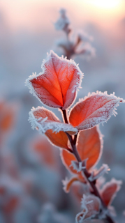 红叶上的霜特写摄影图片