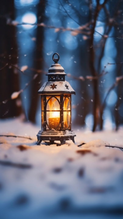雪地树旁烛灯景观摄影版权图片下载