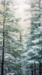 雪天绿松树林近景摄影图