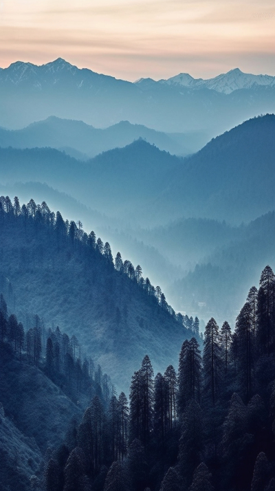 黄昏时的松林与雪覆盖的山脉摄影图