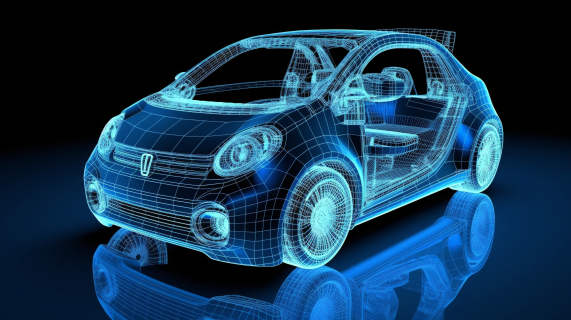 蓝白色电动汽车透视X光结构图摄影图片